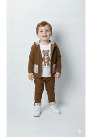 Resim Bontino Erkek Çocuk %100 Pamuk Kadife Hırka, Pantolon ve Ayıcık Baskılı Uzun Kollu Sweatli 3'lü Premium Seri 