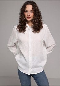 Resim Colin's Boyfriend Fit Shirt Neck Jakarlı Kadın Beyaz Uzun Kol Gömlek 