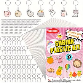 Resim 215 adet Plastik Sıcak Büzüşleme Sayfa Kiti, 15 A5 Sayfa ve 100 Anahtarlık Aksesuarı içerir, 100 Açık Demir Halkalarıyla, Yaratıcı El Sanatları, Ev Yapımı Büzüşme Dink ve Anahtarlık için 