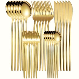 Resim Şık 30 parça altın paslanmaz çelik çatal bıçak takımı - Bıçaklar, çatallar, kaşıklar ve tatlı kaşıkları içerir - Ev, mutfak, restoranlar, oteller, partiler, Şükran Günü, Paskalya, Noel ve düğünler için bulaşık makinesinde yıkanabilir, yüksek kaliteli, mutfak gereçleri seti 