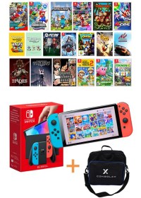 Resim N Switch OLED (Mavi/Kırmızı) – Çipli, Yüklü 18 Oyunlu Model + ConsoleX Taşıma Çantası 