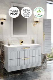 Resim BALNEOM Erguvan Beyaz Demonte 80 Cm Lavabolu Banyo Dolabı Ayna Lavabo Boy Dolabı 