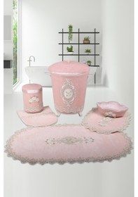 Resim Lisa Pudra 6'lı Çeyizlik Dantelli Banyo Paspası Sepet Seti Pudra 