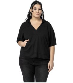 Resim Büyük Beden Kanguru Cepli V Yaka Kapüşonlu Kirli Dikişli Siyah Bluz Siyah 