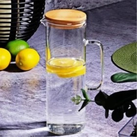 Resim NY Home Bambu Kapaklı Cam Sürahi - 1500 ml Dayanıklı Şeffaf Cam, Şık ve Ergonomik Tasarım, Soğuk ve Içecekler Için 