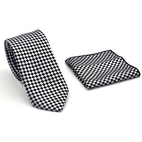 Resim Gaffy Siyah Piti Kare Desenli Beyaz Dokuma Kumaş Mendilli Slim Fit Kravat // Sdk-2503-4 Beyaz 
