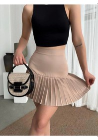 Resim Altı Pliseli Mini Etek Bej 
