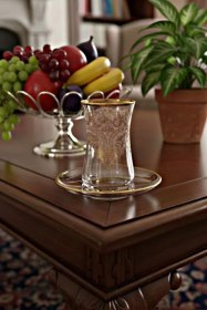 Resim Menekşe Gold Pantoğraf Heybeli Kesme Dekor 12 Parça Çay Seti Paşabahçe Premium Cam Takım Şeffaf 