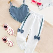 Resim Kızlar için Moda Trend Halter Boyun Kalp Tasarımlı Üst & Rahat Tek Renk Fiyonklu Uzun Pantolon 2'li Set, Dış Mekan İçin Mükemmel 