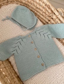 Resim Düğmeli El Örgüsü Bebek Hırka Şapka Seti - 3-6 ay / Mavi 