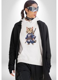 Resim Asyalı Kedi Samuray Savaşcı Kadın Erkek Beyaz Kapüşonlu Sweatshirt Hoodie Beyaz 