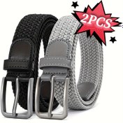 Resim 2'li Paket FLAGIA Erkek Örgülü Elastik Golf & Günlük Kemerler - 3.4cm Geniş Nefes Alabilen Spor Kemeri, Alaşımlı Kare Tokalı, Siyah Kot ve Atletik Giyim için Rahat ve Dayanıklı 