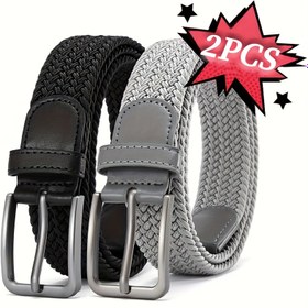 Resim 2'li Paket FLAGIA Erkek Örgülü Elastik Golf & Günlük Kemerler - 3.4cm Geniş Nefes Alabilen Spor Kemeri, Alaşımlı Kare Tokalı, Siyah Kot ve Atletik Giyim için Rahat ve Dayanıklı 