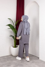 Resim Sfg Life Moda Kadın Gri Tesettür Giyim Zarif Taş Detaylı Tunik & Pantolon İkili Takım 