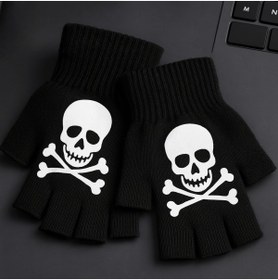 Resim SOFT Unisex Siyah Parmaksız Eldiven - Kafatası Desenli, Punk Tarzı Aksesuar Çocuk Eldiveni 
