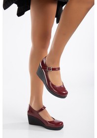 Resim Baretli Suni Deri Bordo Rugan Kadın Dolgu Taban Ayakkabı-3102-bordo 