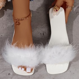 Resim Kadınların Kabarık Tüylü Kaydırmaz Sandaletleri, Kare Açık Ayaklı Düz Renkli Kaydırmaz Ayakkabılar, Rahat Dış Mekan Yaz Kaydırmazları 