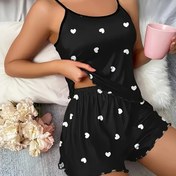 Resim Kadınlar için Siyah Kalp Baskılı Camisole Şort Pijamalar, Moda Rahat Sevimli Yumuşak Ev Giyimi Seti, Fırfır Detaylı İnce Askılı Kolsuz Yelek ve Şort, İlkbahar Yaz Sonbahar İçin Uygun, Dalgalı Kenar Detayı 