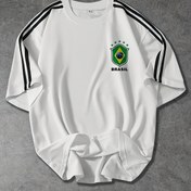 Resim Erkekler için Brezilya Futbol Grafik T-Shirt - 3D Baskı Tasarımı, Siyah Beyaz Şeritli, Polyester Örgü Kumaş, Yaz Aktiviteleri ve Günlük Giyim için Rahat Kısa Kollu Tee, Futbol Formaları 