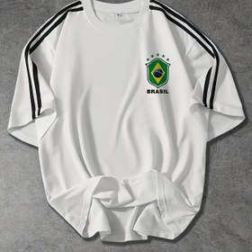 Resim Erkekler için Brezilya Futbol Grafik T-Shirt - 3D Baskı Tasarımı, Siyah Beyaz Şeritli, Polyester Örgü Kumaş, Yaz Aktiviteleri ve Günlük Giyim için Rahat Kısa Kollu Tee, Futbol Formaları 