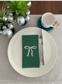 Resim Gümüş Yaldızlı Yeşil Fiyonk Baskılı Garson Katlama Peçete 16 Adet 