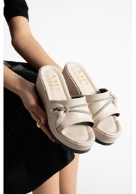 Resim Krem Biye Dolgu Topuklu Kadın Terliği Yüksek Taban Terlik Krem 