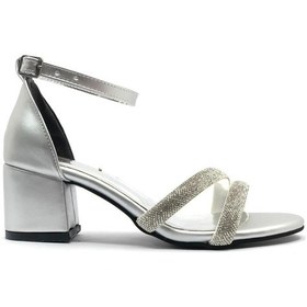 Resim Mehtap Çift Şerit Taşlı 5 Cm Kadın Topuklu Ayakkabı GÜMÜŞ 