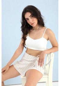 Resim Şort Etek Arka Beli Lastikli Çizgili Keten - Mavi-mavi Mavi 