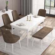 Resim Canisa Concept Are Serisi 80 x 132 cm Açılabilir Benchli Mdf Beyaz Mutfak Masa Takımı 4 Sandalye 1 Bench 