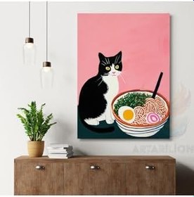 Resim Kanvas Tablo Noodle ve Kedi Görseli Sevimli Kanvas Tablo Ev Hediyesi Ev Dekorasyonu 