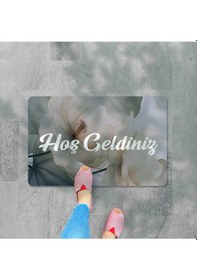 Resim Dijital Baskılı 3d Kapı Önü Paspas Hoşgeldiniz Yazılı Çiçek Desenıç Ve Dış Kapı Paspası Yıkanabilir Bej 