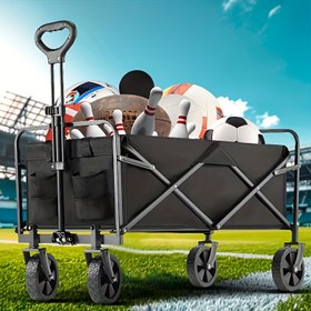 Resim Katlanabilir Çok Amaçlı Spor Taşıma Arabası - Ayarlanabilir Sap ve 360° Her Zemin Tekerlekli, Sağlam Metal Çerçeve, Yan Cep Tasarımlı, Kamp, Plaj, Bahçe İşleri ve Alışveriş için Taşınabilir Katlanır Model Siyah/Haki, Plaj Ekipmanı Taşıma 