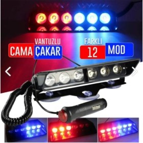 Resim Tiger Marketing Ts6 Cam Içi Vantuzlu Polis Çakar 6 Ledli Kırmızı Mavi 12 Mod Çakmaklık Girişli 