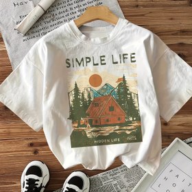 Resim Kadınlar için Rahat Yaka T-Shirt, Vintage Kabin ve Dağ Baskısı, "Basit Hayat" Yazısı, Kısa Kollu, Normal Uzunluk - Tüm Mevsimler İçin Konfor, Rahat Giyim | Rahat Stil Tee | Pürüzsüz Dokulu Kumaş 