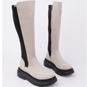 Resim Muggo Diasa Süet Kalın Taban Streç Detaylı Fermuarlı Kadın Çizme - Bej Süet 