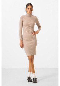 Resim Yake Store Bej Kaşkorse Triko Dar Kalıp Balıkçı Yaka Kadın Elbise - 97117 Renkli 