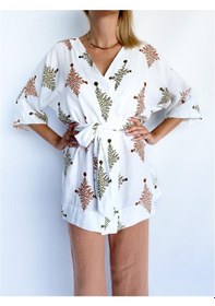 Resim Kadın Tarçın Rengi Keten Kimono Pantolon Takım 
