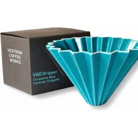 Resim Turkuaz V60 02 Dripper Ahşap Standlı Origami Seramik Kahve Demleme Ekipmanı (Turquoise Blue Ceramic) 