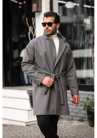 Resim Mero Life Erkek Gri Kemerli Oversize Rahat Kesim Kaşe Kaban Gri 