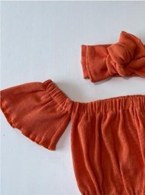 Resim Özge Başaran Kız Çocuk, Likralı Deri Fiyonk Detaylı Pantolon, Turuncu Straplez Crop Bluz Ve Saç Turuncu 