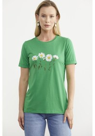 Resim Papatya Baskılı Basic Tişört - Yeşil Çok Renkli 