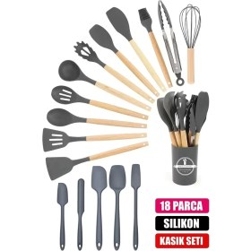 Resim 18'parça Silikon Kaşık Fırça Çırpıcı Spatula Maşa Kepçe Kevgir Servis Seti Bambu Saplı Mutfak Takımı 