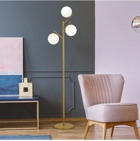 Resim Renji 3Lü Gold Boyalı Beyaz Camlı Modern Tasarım Metal Lambader 