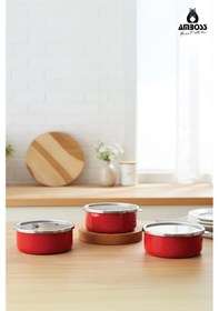 Resim 6 Parça Crispella 14-16-18 Cm Emaye Saklama Kabı Seti Kırmızı Kırmızı 