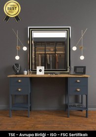 Resim B3 Concept Retro Serisi Özel Tasarım Dört Çekmeceli 1. Kalite Lüks Makyaj Masası Antrasit Gri - Safir Meşe 