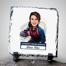Resim Karikatürlü Kadın Curling Oyuncusu Dekoratif Taş 