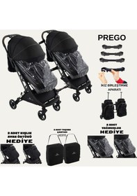 Resim Prego İkiz Apartlı Birleşip Ayrılan Yan Yana İkiz Kabin Boy Bebek Arabası 