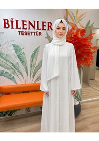 Resim Bilenler Dubai İpeği Kesme Kristal Taşlı Fermuarlı Ferace Beyaz 