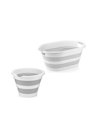 Resim 2'li Set Katlanabilir Çamaşır Sepeti Katlanabilir Akordiyon Su Kovası Yeni Nesil Temizlik Seti Beyaz - Gri 