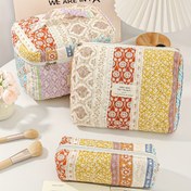 Resim 1 adet/takım Bohem tarzı kapitone seyahat kozmetik çantası, kadın küçük makyaj çantası, büyük kapasiteli tuvalet çantası, katlanabilir kalemlik, moda gözlükler için uygun, ev, seyahat, öğrenci malzemeleri, kadınlar ve öğrenciler için uygundur 